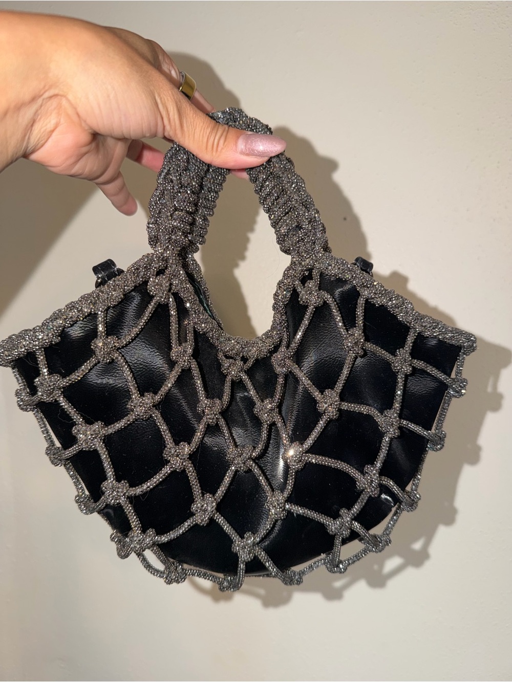 Black Evening Tote with Studded Silver Macrame Overlay